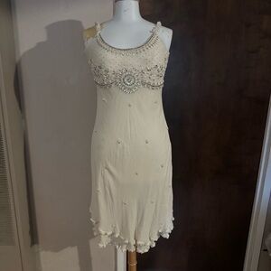 cream womens beaded sequins ruffled trim dress Y2K Feminine Fairy